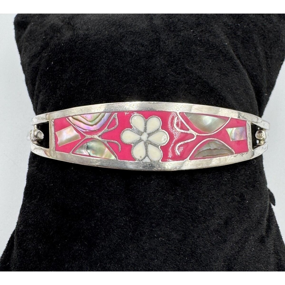 Vintage Alpaca Mexico Pink Enamel Abalone Shell Hinged‎ Cuff Bangle Bracelet